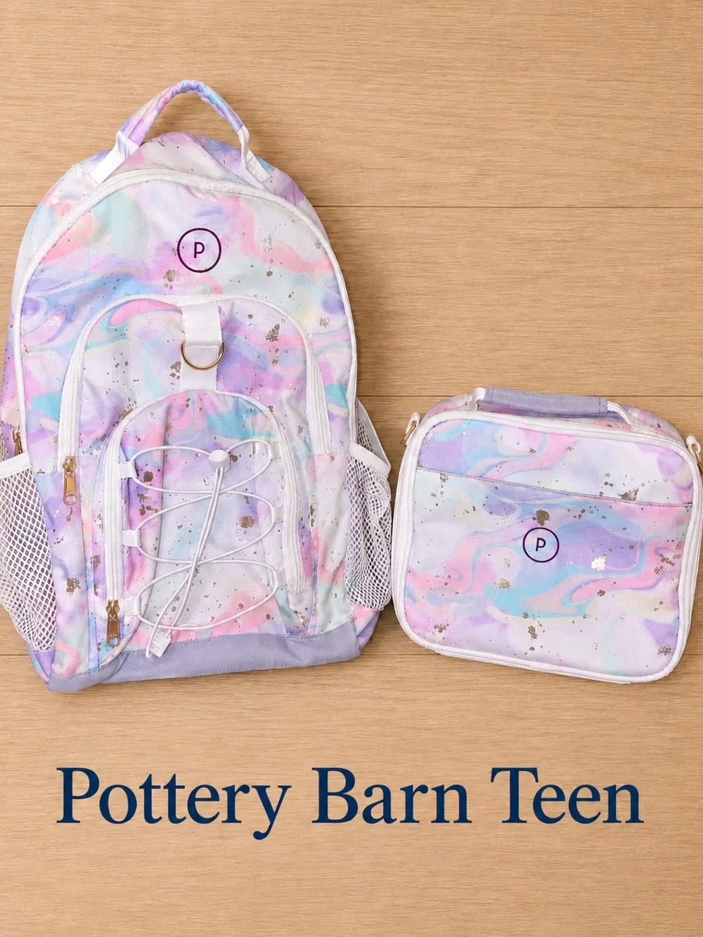 Pottery Barn Teen Pastel Marble Backpack & Lunchbox Set - Purple, Pink, Blue
